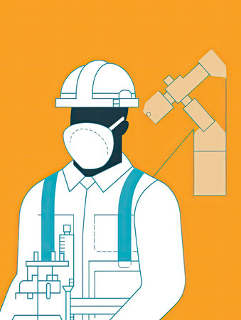 mechanical engineer in action, with simple geometric shapes and thin lines. The mechanical engineer is depicted wearing a hard hat, safety glasses, and a work vestの素材