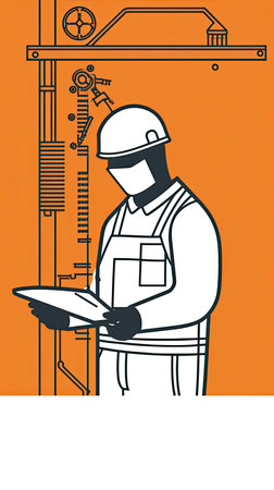 mechanical engineer in action, with simple geometric shapes and thin lines. The mechanical engineer is depicted wearing a hard hat, safety glasses, and a work vestの素材