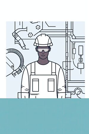 mechanical engineer in action, with simple geometric shapes and thin lines. The mechanical engineer is depicted wearing a hard hat, safety glasses, and a work vestの素材