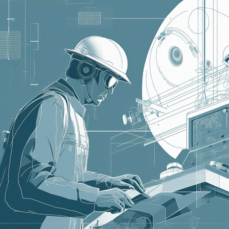 mechanical engineer in action, with simple geometric shapes and thin lines. The mechanical engineer is depicted wearing a hard hat, safety glasses, and a work vestの素材