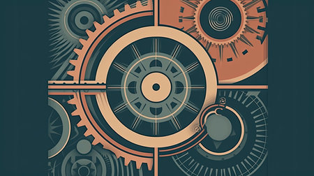 mechanical engineering design, with a focus on precision and attention to detail. The image can be created using simple geometric shapes, thin lines, and a limited color palette to achieve a 2D minimalist flat illustrationの素材