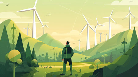 electrical engineer working on a renewable energy project, wind turbine, with green fields or forests in the backgroundの素材