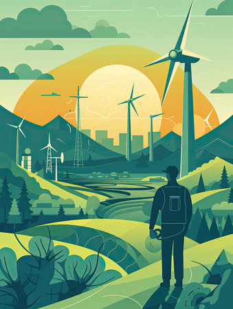 electrical engineer working on a renewable energy project, wind turbine, with green fields or forests in the backgroundの素材