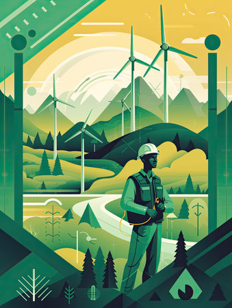 electrical engineer working on a renewable energy project, wind turbine, with green fields or forests in the backgroundの素材
