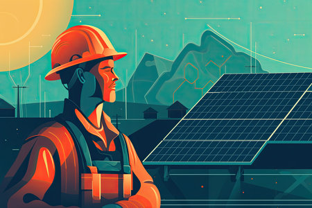 electrical engineer working on a renewable energy project, solar panel , with green fields or forests in the backgroundの素材