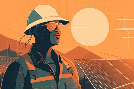 electrical engineer working on a renewable energy project, solar panel , with green fields or forests in the backgroundの素材