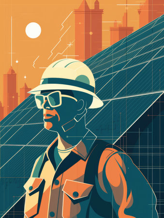 electrical engineer working on a renewable energy project, solar panel , with green fields or forests in the backgroundの素材