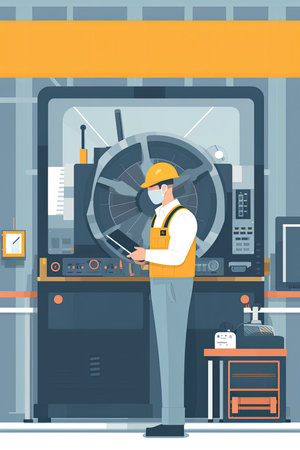automotive engineer testing a new engine on a dynamometer, measuring performance and efficiency under different conditions, Flat illustrationの素材