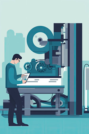 automotive engineer testing a new engine on a dynamometer, measuring performance and efficiency under different conditions, Flat illustrationの素材
