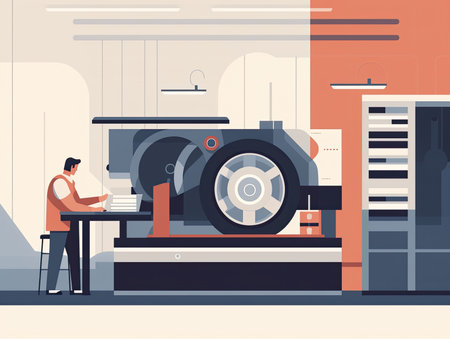 automotive engineer testing a new engine on a dynamometer, measuring performance and efficiency under different conditions, Flat illustrationの素材
