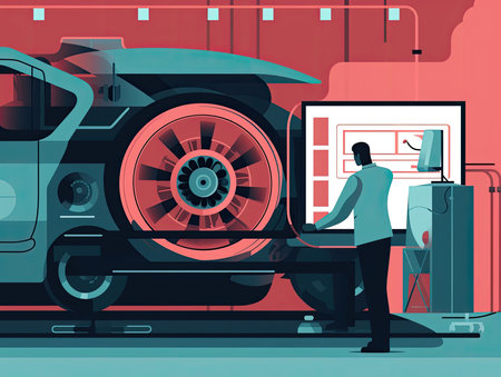 automotive engineer testing a new engine on a dynamometer, measuring performance and efficiency under different conditions, Flat illustrationの素材