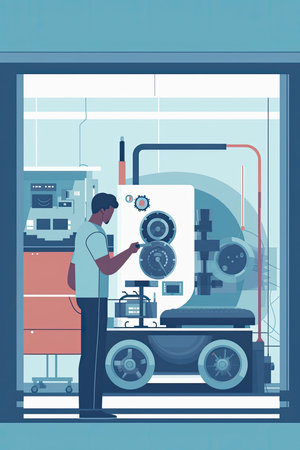 automotive engineer testing a new engine on a dynamometer, measuring performance and efficiency under different conditions, Flat illustrationの素材