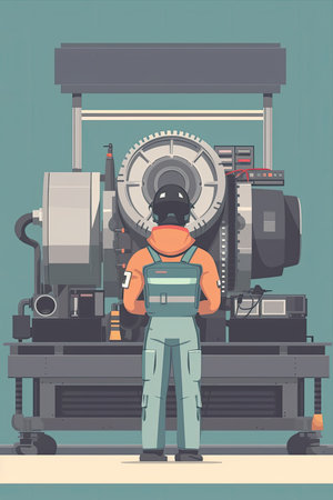 automotive engineer testing a new engine on a dynamometer, measuring performance and efficiency under different conditions, Flat illustrationの素材