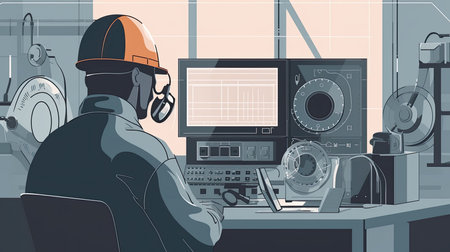 automotive engineer testing a new engine on a dynamometer, measuring performance and efficiency under different conditions, Flat illustrationの素材