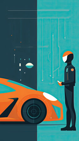 automotive engineer standing next to a concept car, with a tablet or laptop in hand, analyzing data and making design adjustments, Flat illustrationの素材