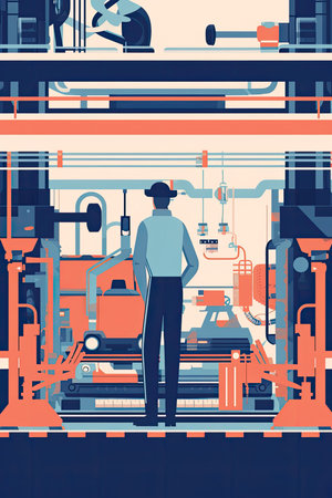 automotive engineer working on a production line, overseeing the assembly of vehicles and ensuring quality control standards are met, Flat illustrationの素材