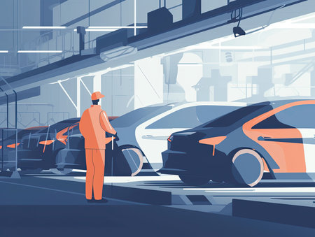 automotive engineer working on a production line, overseeing the assembly of vehicles and ensuring quality control standards are met, Flat illustrationの素材