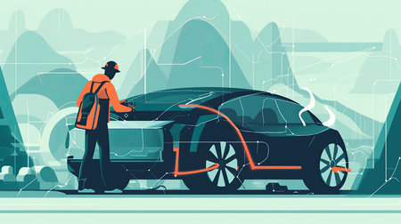 electric vehicle (EV) engineer wear full sefety equipment working on the powertrain of an electric car, with a battery pack and electric motor on the workbench, Flat illustrationの素材