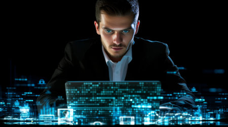 man using his laptop while sitting behind the modern digital interfaceの素材