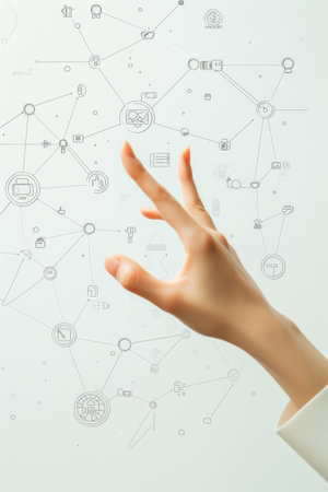 female hand touching smart device with computer iconsの素材