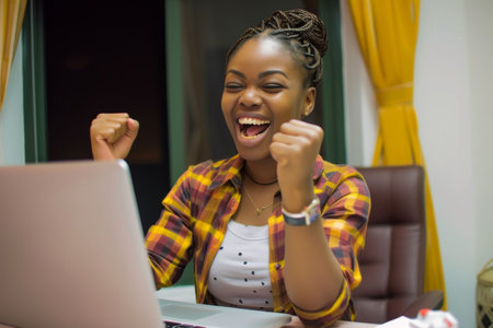 Happiness, laptop and typing professional woman, advocate or government attorney reading feedback review. Corporate research, law firm and business lawyer working on legal project development planの素材