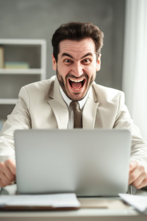 Happiness, laptop and typing professional man, advocate or government attorney reading feedback review. Corporate research, law firm and business lawyer working on legal project development planの素材