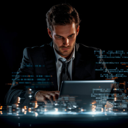 man using his laptop while sitting behind the modern digital interfaceの素材