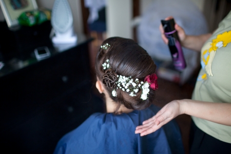 Bride at hairdressing salon before weddingの写真素材