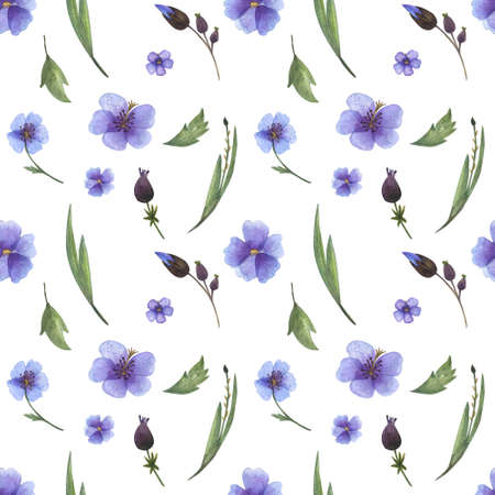 Floral seamless pattern of wild blue violet flowers and herbs illustrations hand drawn with...