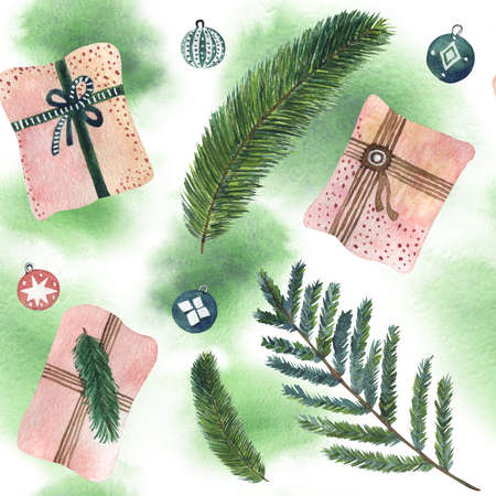 Watercolor traditional Christmas seamless pattern with presents, branches and balls