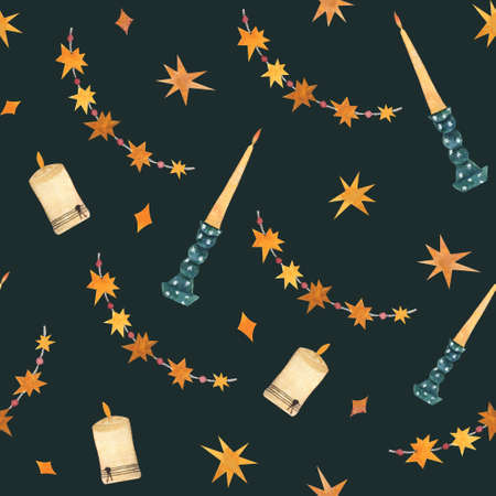 Watercolor traditional Christmas seamless pattern with candles, garlands and starsの写真素材