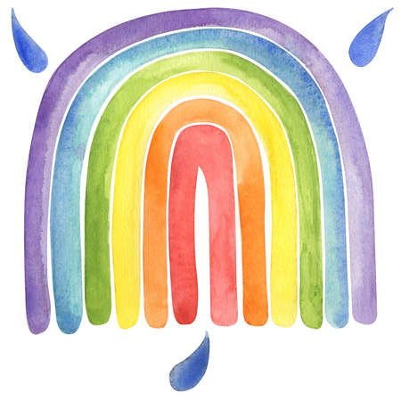 Watercolor rainbow and water rain drops. Isolated elements on a white background.の写真素材