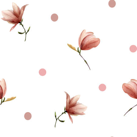 Watercolor seamless pattern repeat print of pink flower magnolia realistic minimalist hand drawn illustrationの写真素材