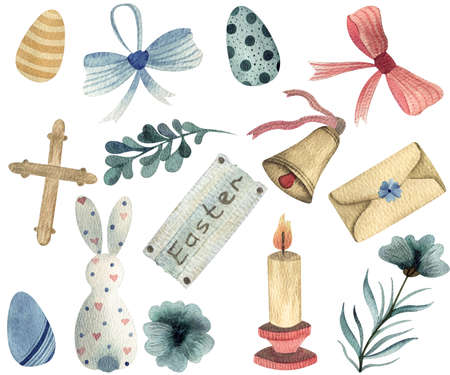 Watercolor set of illustration Easter topic with symbol ribbon bow eggs bell obelist bunny flower...