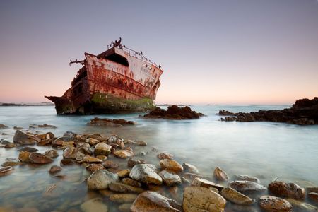 The wreck at the most souther point of Africa at Cape Agulhasの写真素材