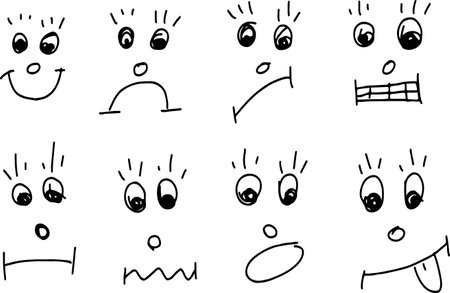 Set of kawaii cartoon faces. Hand drawn vector illustration.のイラスト素材