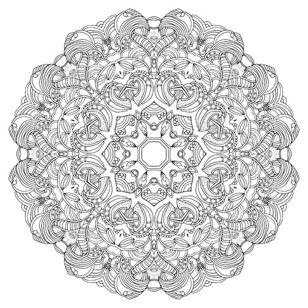 Round ornament, mandala, ethnic decorative element, boho style. Black and white. Coloring book for adults and kids. Invitations, postcards, prints, mugs, t-shirts, textile, wrappingのイラスト素材
