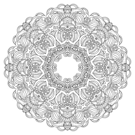Round ornament for coloring book for adults and kids. Mandala, ethnic decorative element. Black and white. Maybe used for invitations,  postcards, printsのイラスト素材