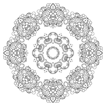 Round ornament for coloring book for adults and kids. Mandala, ethnic decorative element. Black and white. Maybe used for invitations,  postcards, printsのイラスト素材