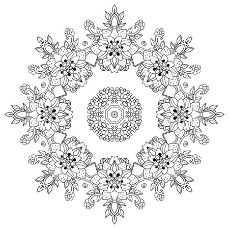 Round ornament for coloring book for adults and kids. Mandala, ethnic decorative element. Black and white. Maybe used for invitations,  postcards, printsのイラスト素材