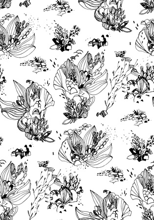 seamless pattern, vector ornament for textile, wallpaper, wrapping, prints, package design, black and whiteのイラスト素材