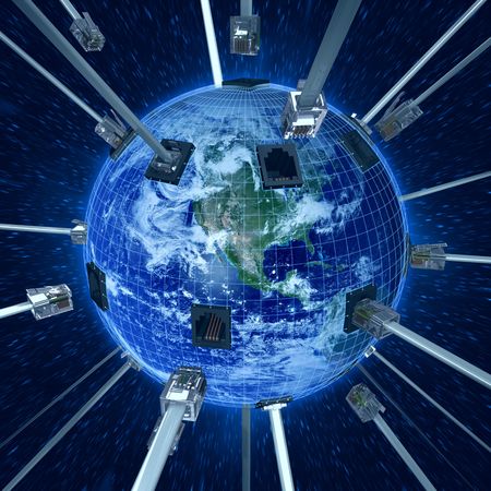 Concept of internet using the Virtual 3D Cable connecting with Planet Earth. Planet in the daylight...