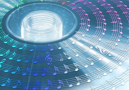 CD DVD HD Blu-ray. Bright disc with music notes around. Concept of music storage.の写真素材