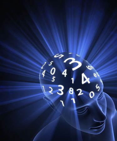 The head is thinking in numbers. The light represents the energy, the power of mind in the processing.の写真素材