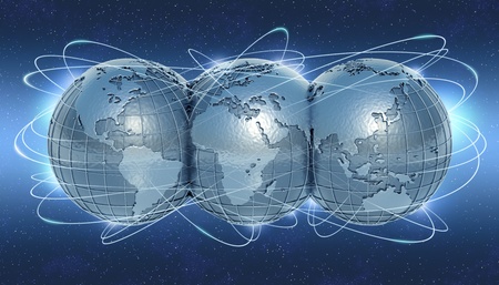 The planet earth showing the 3 sides in whole world  The lines symbolize the links between the countries  Concept of travel, communication, business and internet の写真素材