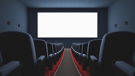 Inside of the cinema. Several empty seats waiting the movie on the screen. Your text or picture on the white screen.の写真素材