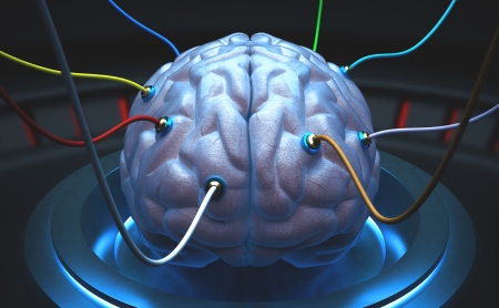 Brain with cables connected in a test of the power of the mind.の写真素材