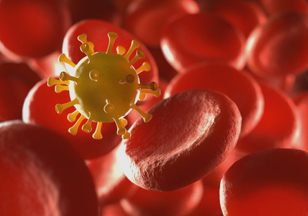 Red blood cells being attacked by virus with depth of field.の写真素材