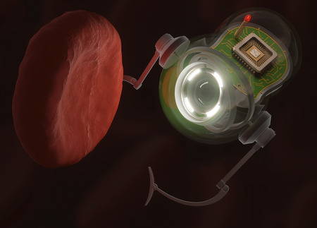 Nanobot looking at a hemoglobin with possible virus infection. Clipping path included.の写真素材