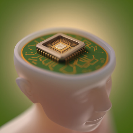 Microprocessor in the head. Concept of science and technology.